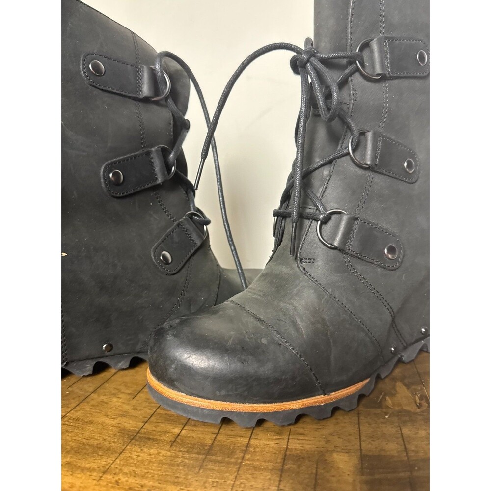 Sorel Black Leather Wedge Boots Lace Up Moto Biker Grunge Women's 9.5 - Picture 4 of 9